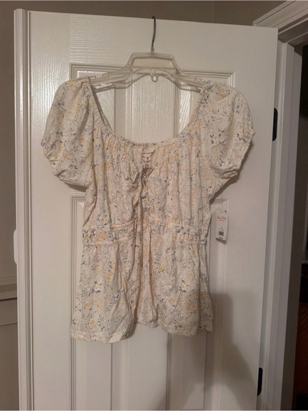 Lucky Brand Women's Cream Floral Puff-Sleeve Peasant Top